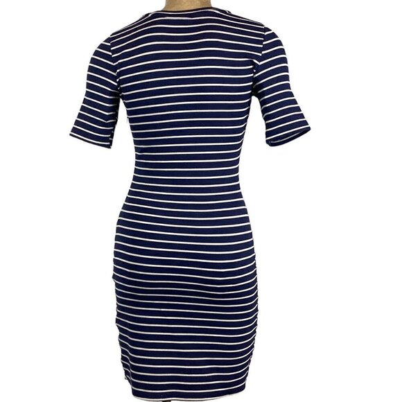 IRIS Striped Short Sleeve Sexy Bodycon Dress Asymmetric Hem Crew Neck Sz M 250B - Picture 4 of 9